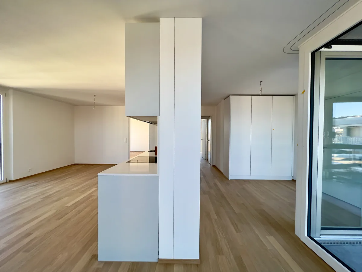 Man sieht in eine Wohnung, in deren Miete eine Küchenzeile steht.